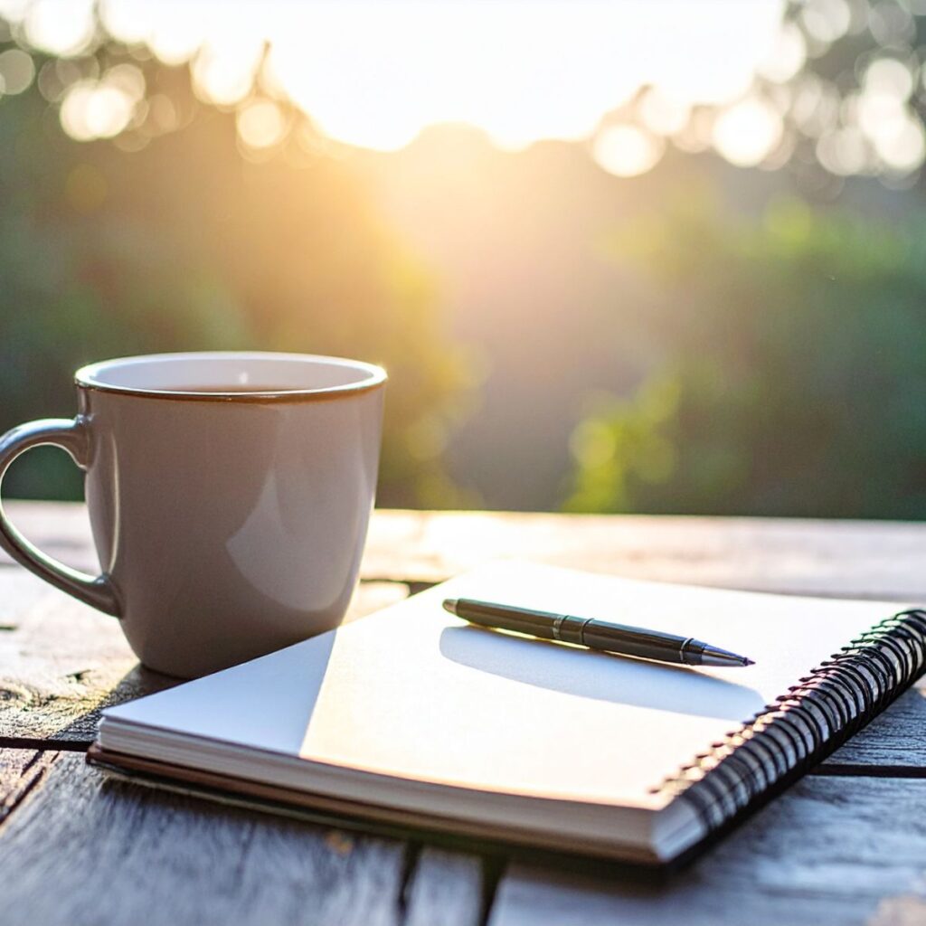 Kohdennettua pihasuunnittelua pohtiva hetki – muistiinpanot ja kahvikuppi puutarhassa ennen päätöksiä.